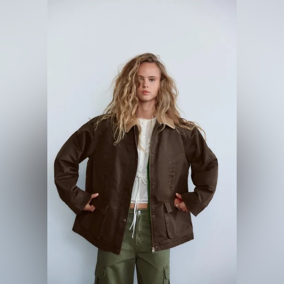 ZARA Oversized Contrast Collar Corduroy Barn Jacket Utility Coat. - Picture 7 of 13